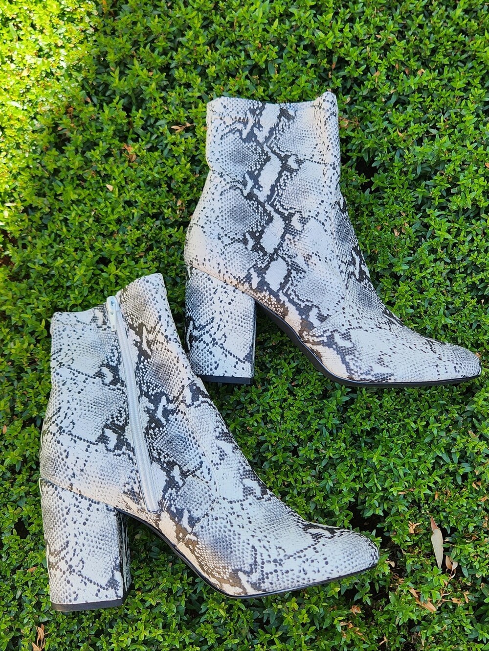Madden GIRL Snake Print Block Heel Ankle Boots - White/Black/Gray